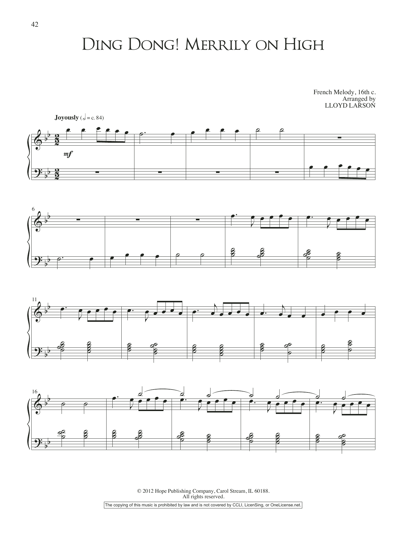 Lloyd Larson Ding Dong! Merrily On High sheet music, chords, lyrics - Printable PDF for Piano Solo