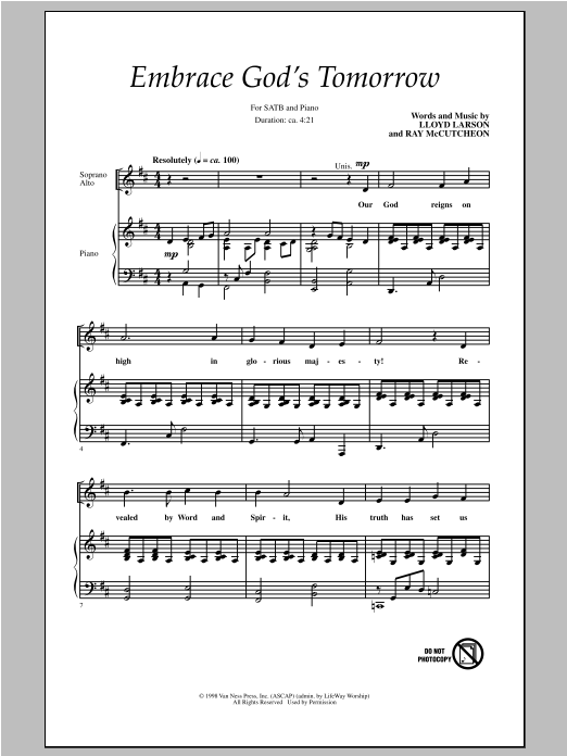 Lloyd Larson Embrace God's Tomorrow sheet music, chords, lyrics - Printable PDF for SATB