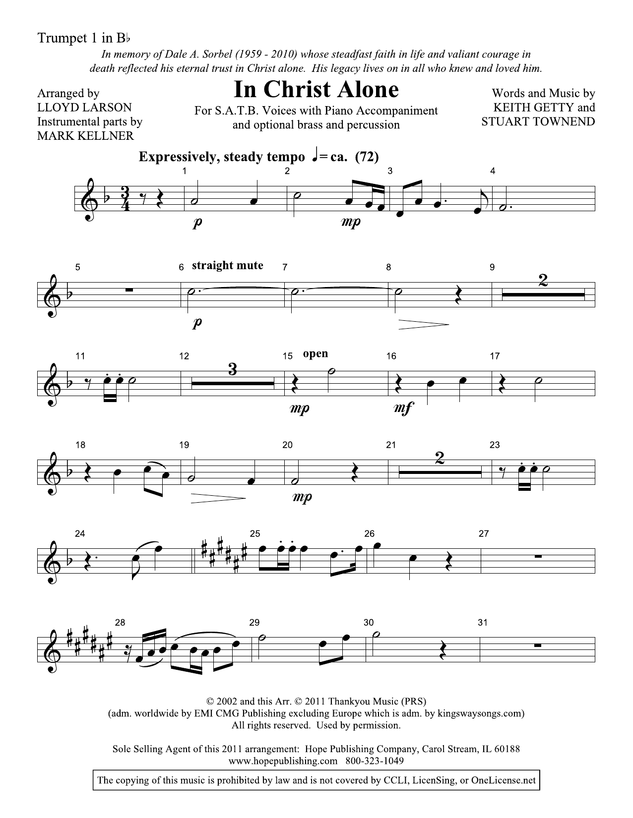 Lloyd Larson In Christ Alone - Bb Trumpet 1 sheet music, chords, lyrics - Printable PDF for Choir Instrumental Pak