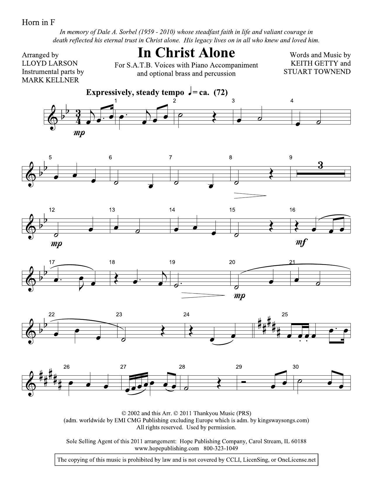 Lloyd Larson In Christ Alone - Horn sheet music, chords, lyrics - Printable PDF for Choir Instrumental Pak