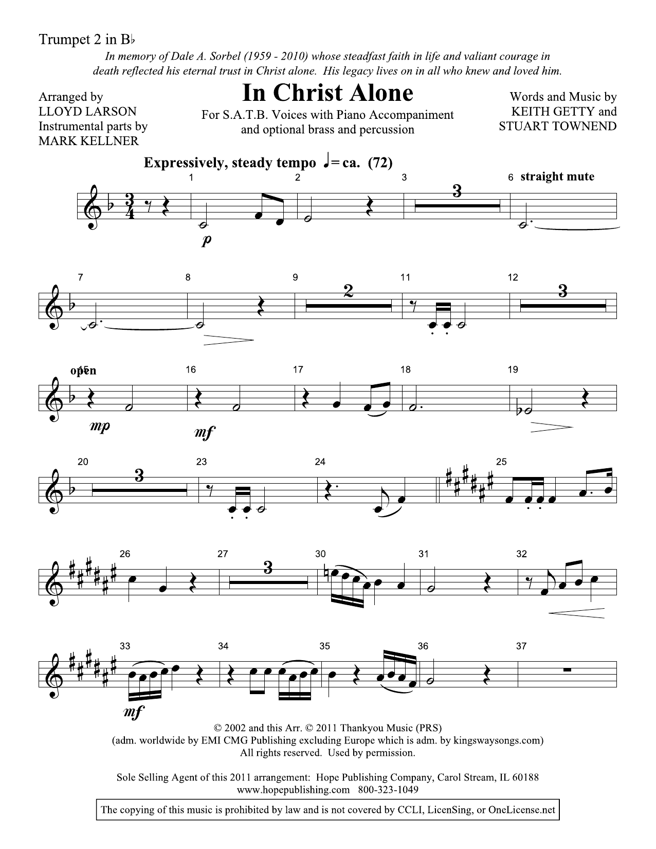 Lloyd Larson In Christ Alone - Trumpet 2 sheet music, chords, lyrics - Printable PDF for Choir Instrumental Pak