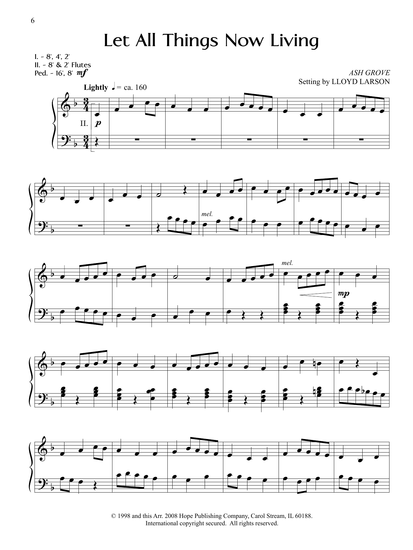 Lloyd Larson Let All Things Now Living sheet music, chords, lyrics - Printable PDF for Organ