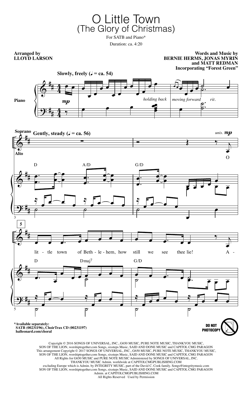 Lloyd Larson O Little Town (The Glory Of Christmas) sheet music, chords, lyrics - Printable PDF for SATB