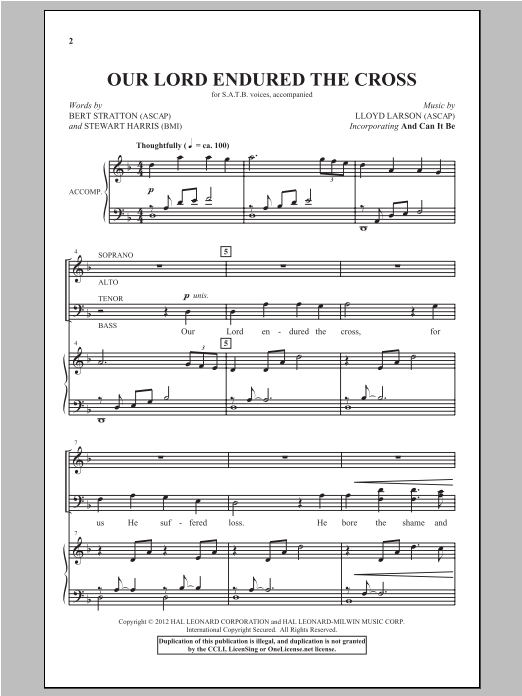 Lloyd Larson Our Lord Endured The Cross sheet music, chords, lyrics - Printable PDF for SATB
