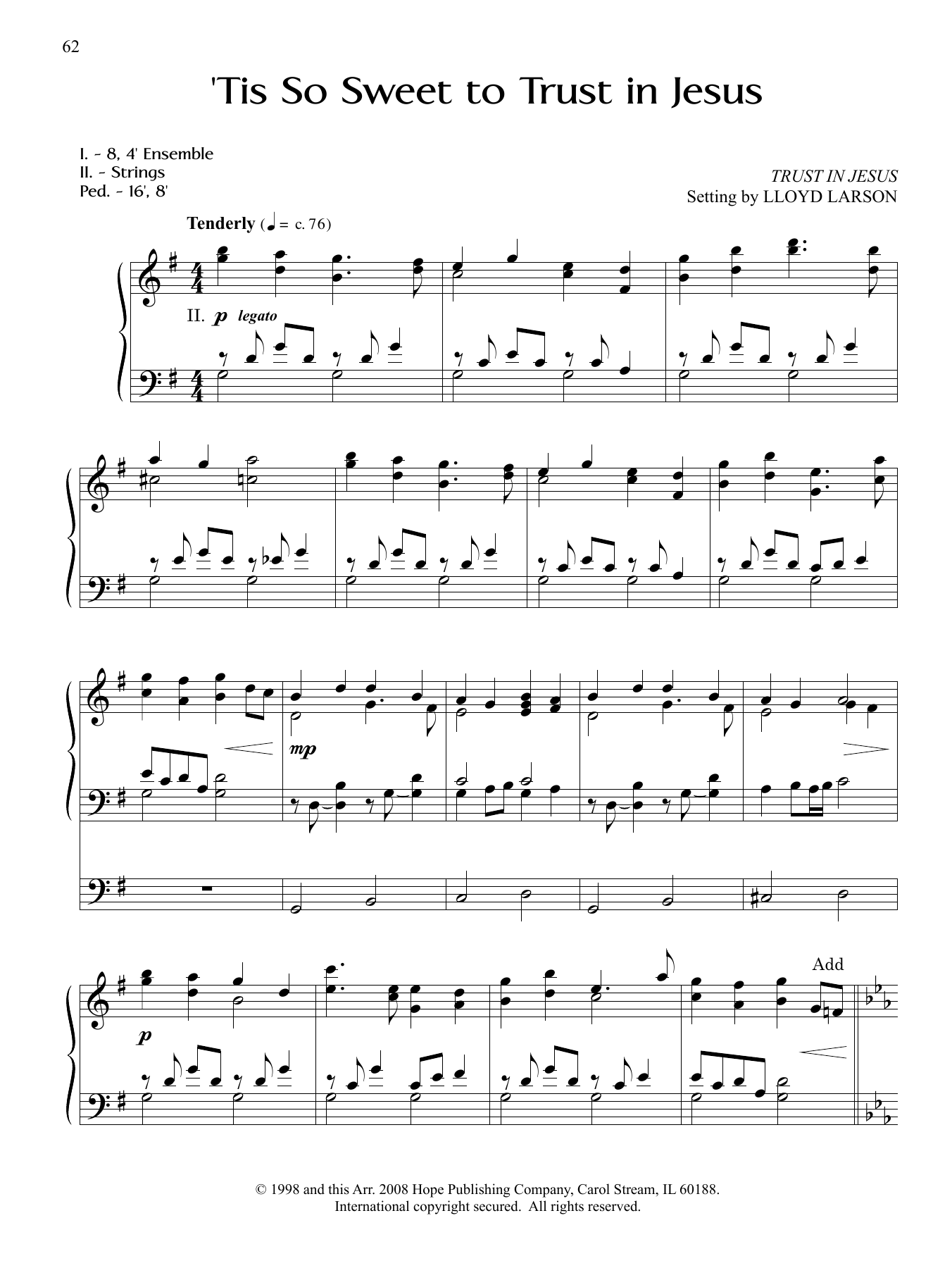 Lloyd Larson Tis So Sweet to Trust in Jesus sheet music, chords, lyrics - Printable PDF for Organ