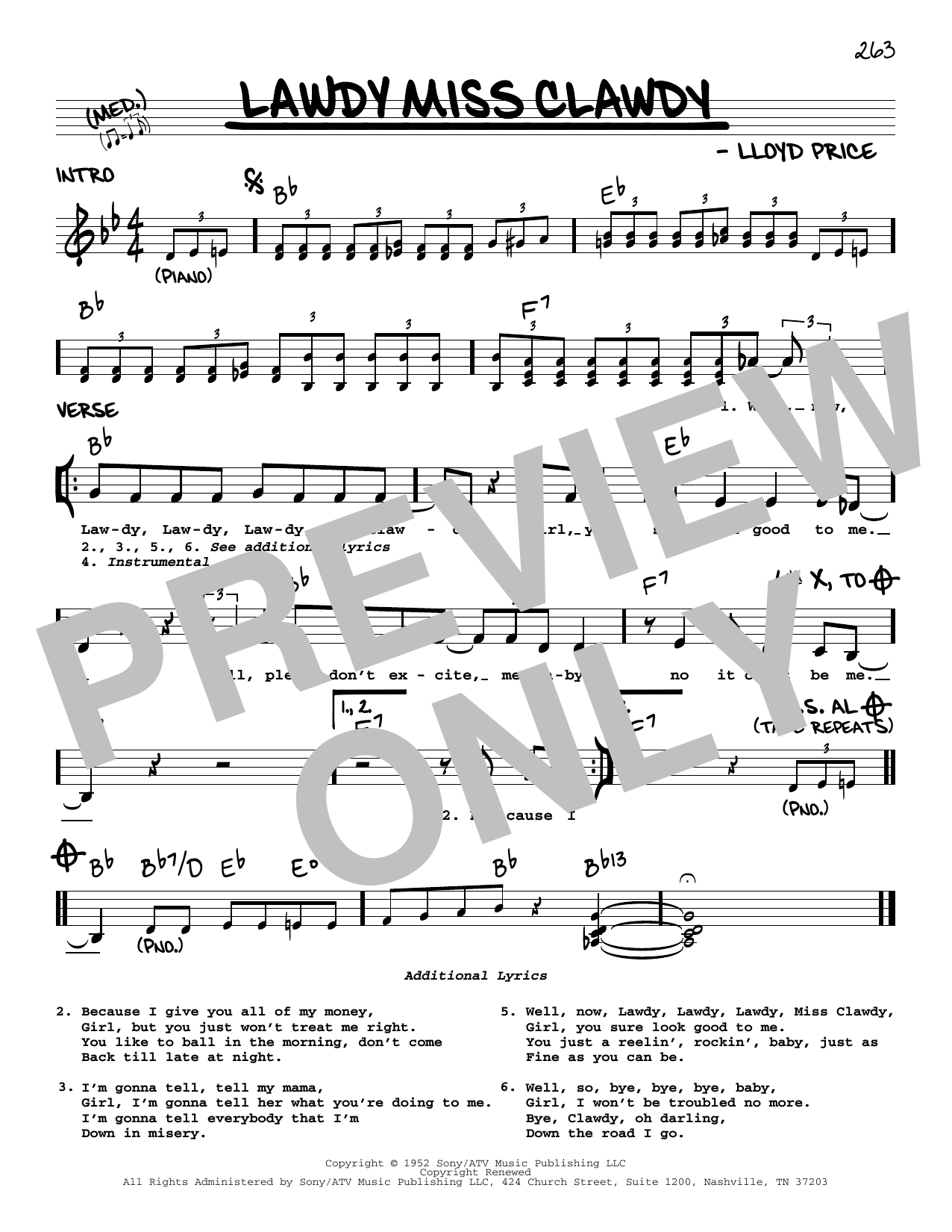 Lloyd Price Lawdy Miss Clawdy sheet music, chords, lyrics - Printable PDF for Real Book – Melody & Chords