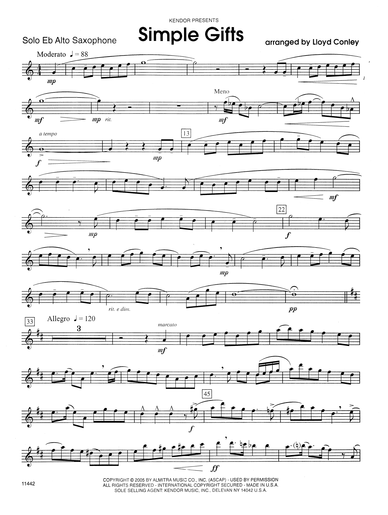 Learn to play Lloyd Conley Simple Gifts - Eb Alto Saxophone sheet music for Woodwind Solo in minutes. Lloyd Conley Simple Gifts - Eb Alto Saxophone sheet music preview music notes and score for Woodwind Solo including 2 page(s)