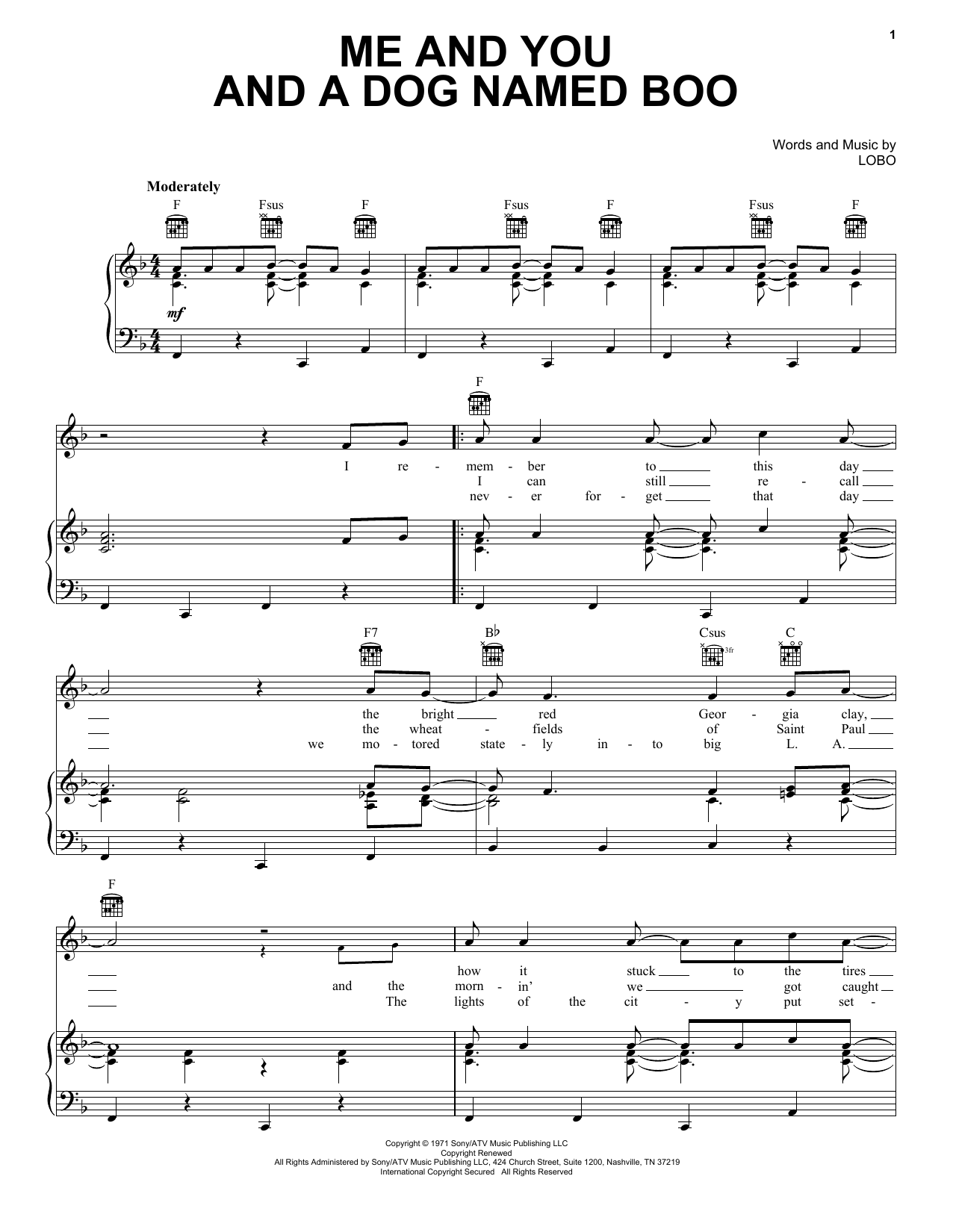 Lobo Me And You And A Dog Named Boo sheet music preview music notes and score for Piano, Vocal & Guitar (Right-Hand Melody) including 3 page(s)