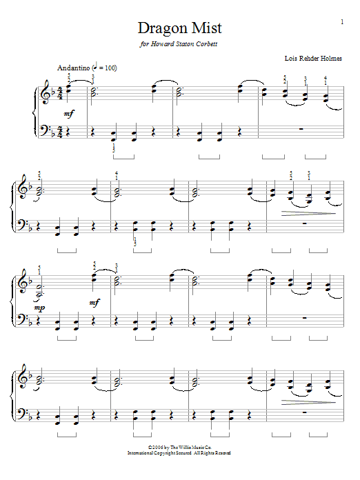 Learn to play Lois Rehder Holmes Dragon Mist sheet music for Easy Piano in minutes. Lois Rehder Holmes Dragon Mist sheet music preview music notes and score for Easy Piano including 3 page(s)
