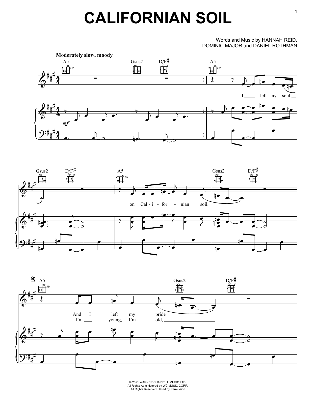 Learn to play London Grammar Californian Soil sheet music for Piano, Vocal & Guitar (Right-Hand Melody) in minutes. London Grammar Californian Soil sheet music preview music notes and score for Piano, Vocal & Guitar (Right-Hand Melody) including 4 page(s)