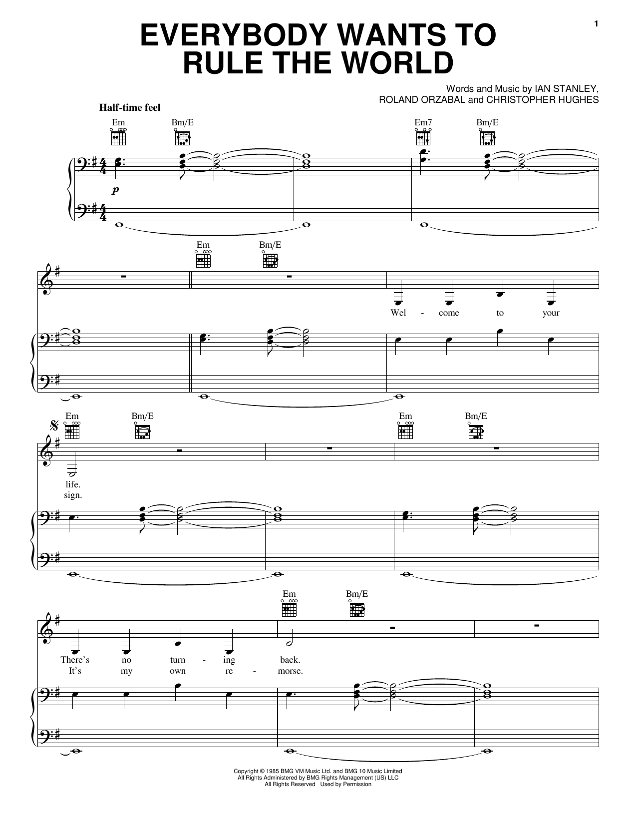 Tears for Fears Everybody Wants To Rule The World sheet music, chords, lyrics - Printable PDF for Piano, Vocal & Guitar (Right-Hand Melody)
