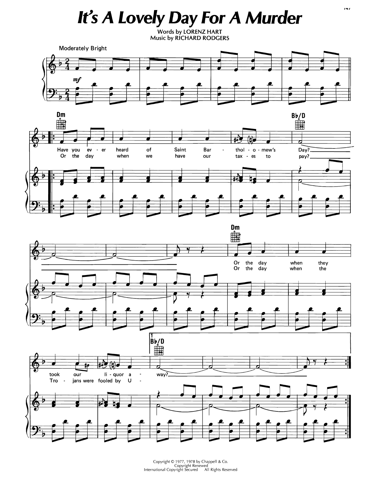 Lorenz Hart It's A Lovely Day For A Murder (from Higher And Higher) sheet music, chords, lyrics - Printable PDF for Piano, Vocal & Guitar Chords (Right-Hand Melody)