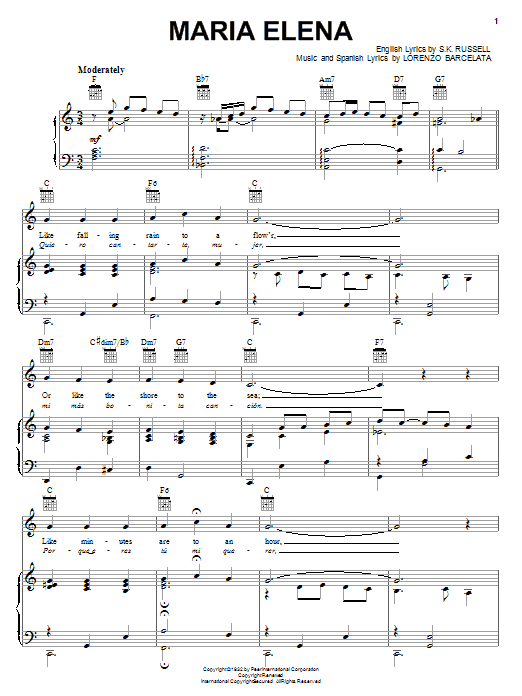 Learn to play Lorenzo Barcelata Maria Elena sheet music for Piano, Vocal & Guitar (Right-Hand Melody) in minutes. Lorenzo Barcelata Maria Elena sheet music notes and chords