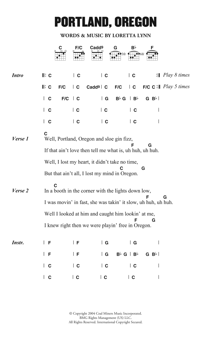 Loretta Lynn Portland, Oregon sheet music, chords, lyrics - Printable PDF for Lyrics & Chords