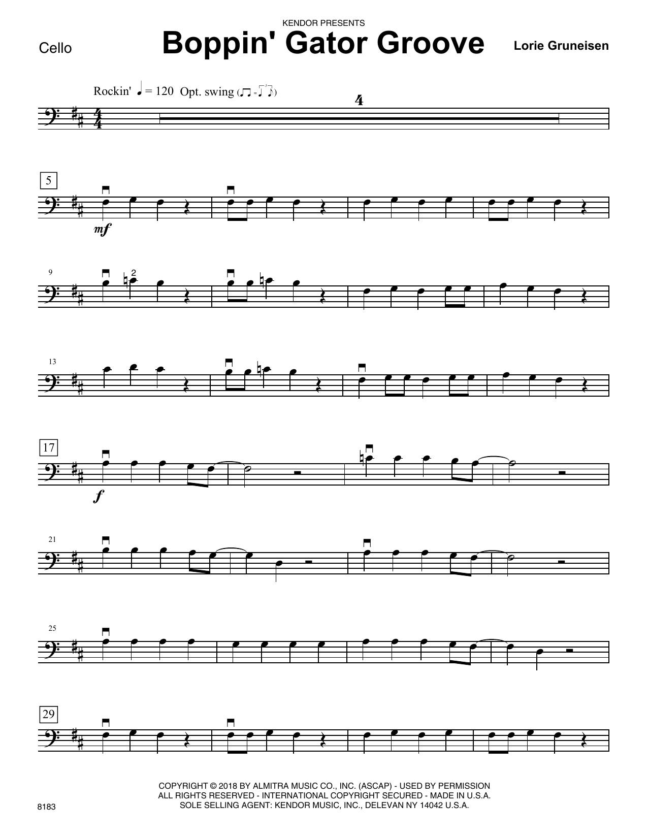 Learn to play Lorie Gruneisen Boppin' Gator Groove - Cello sheet music for Orchestra in minutes. Lorie Gruneisen Boppin' Gator Groove - Cello sheet music preview music notes and score for Orchestra including 2 page(s)