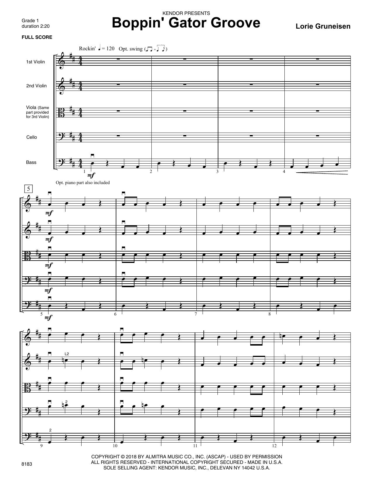 Learn to play Lorie Gruneisen Boppin' Gator Groove - Full Score sheet music for Orchestra in minutes. Lorie Gruneisen Boppin' Gator Groove - Full Score sheet music preview music notes and score for Orchestra including 7 page(s)