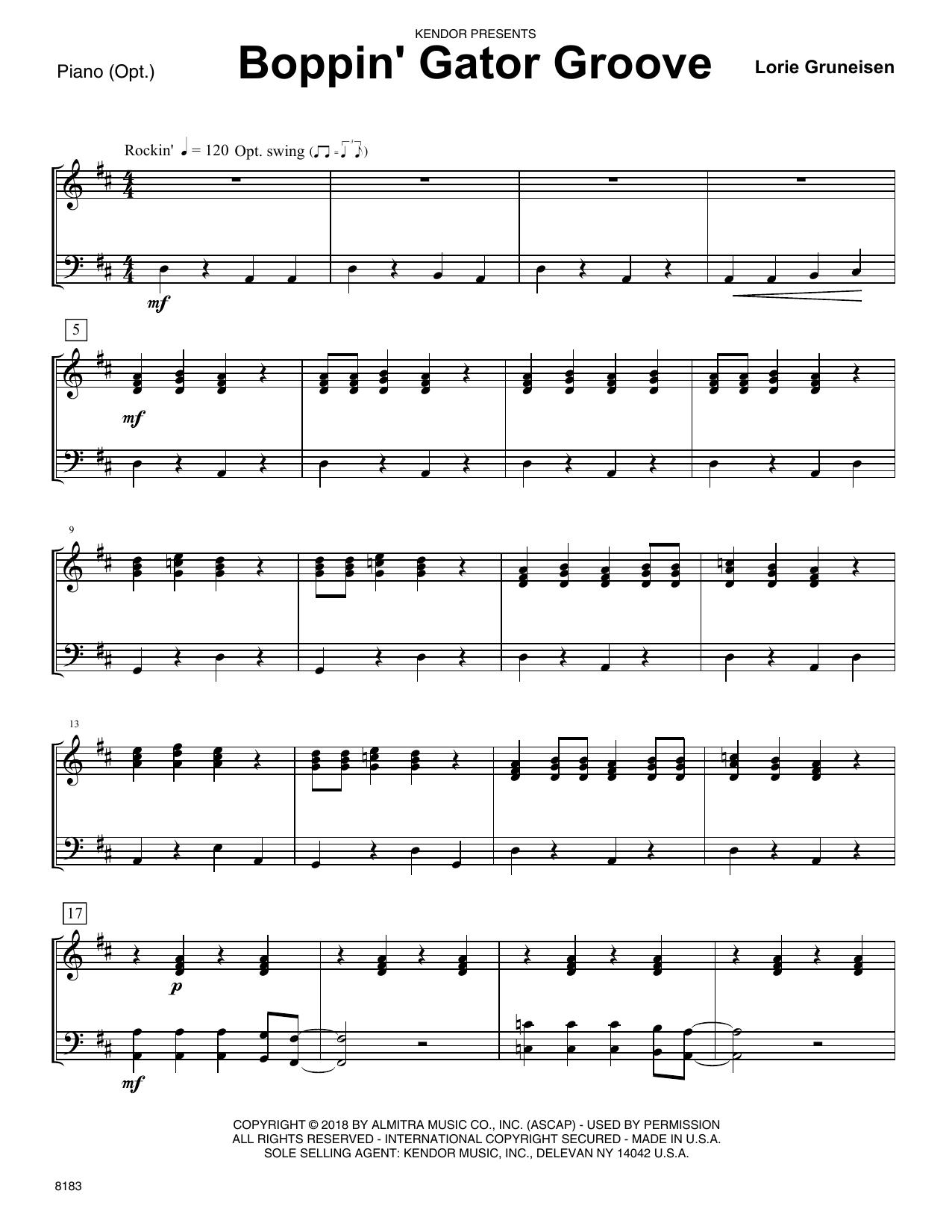 Learn to play Lorie Gruneisen Boppin' Gator Groove - Piano Accompaniment sheet music for Orchestra in minutes. Lorie Gruneisen Boppin' Gator Groove - Piano Accompaniment sheet music preview music notes and score for Orchestra including 3 page(s)