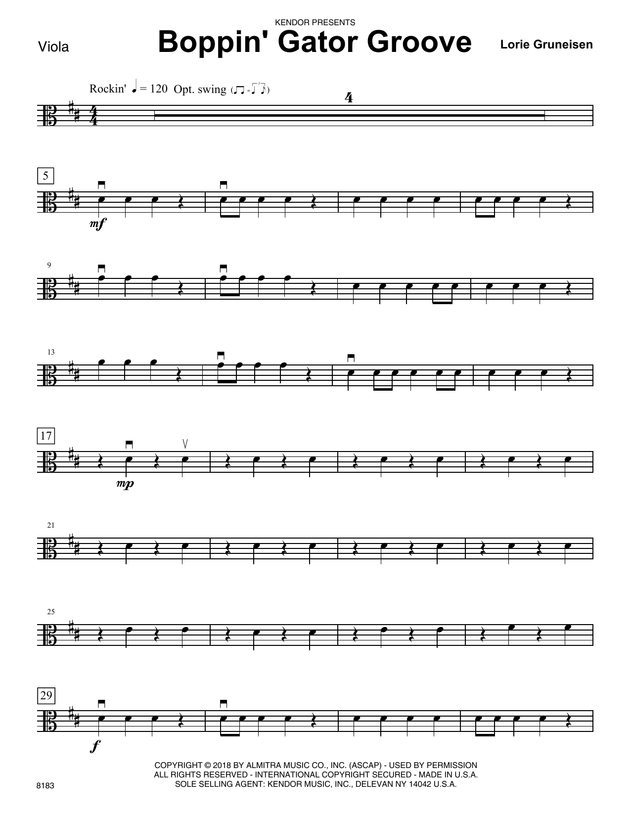 Learn to play Lorie Gruneisen Boppin' Gator Groove - Viola sheet music for Orchestra in minutes. Lorie Gruneisen Boppin' Gator Groove - Viola sheet music preview music notes and score for Orchestra including 2 page(s)