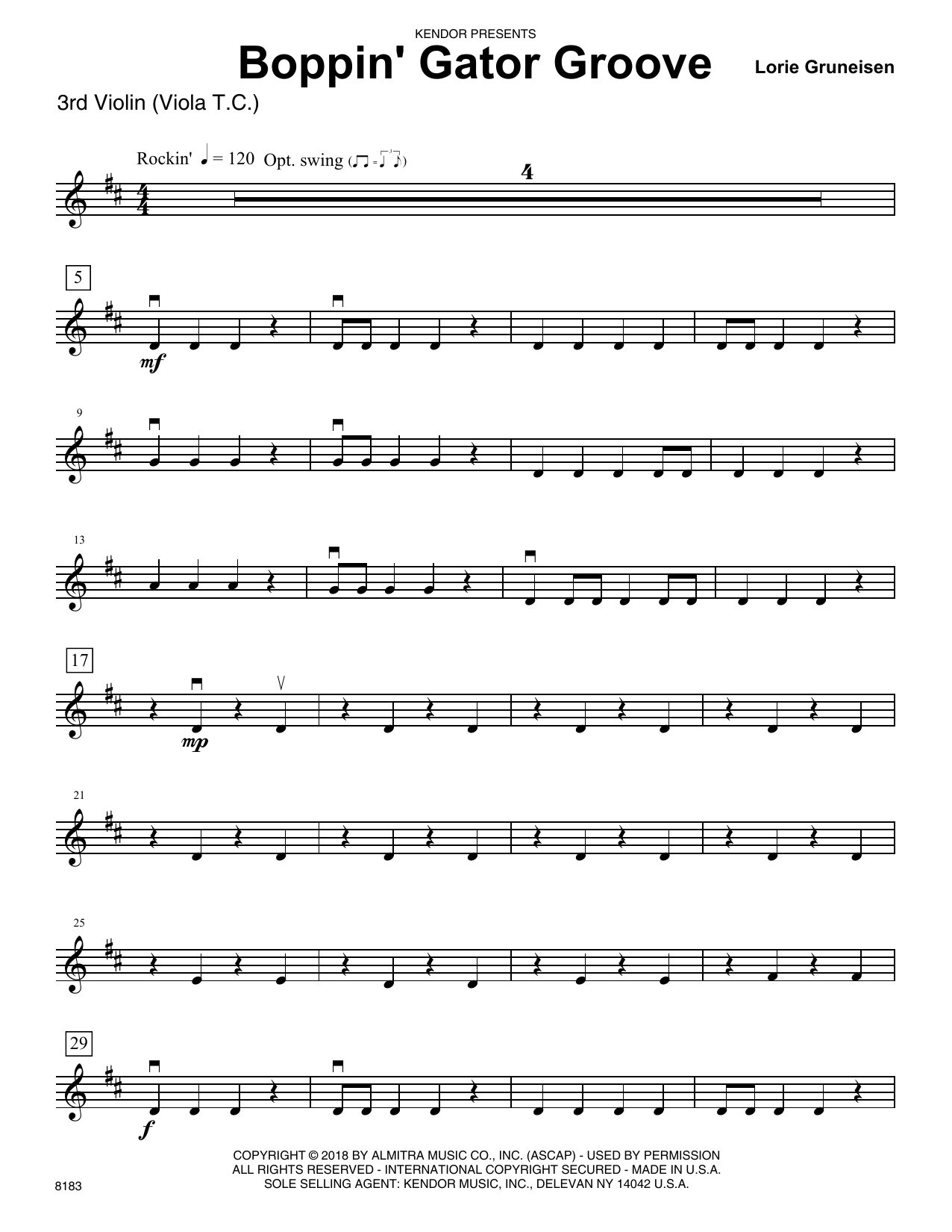 Learn to play Lorie Gruneisen Boppin' Gator Groove - Violin 3 (Viola T.C.) sheet music for Orchestra in minutes. Lorie Gruneisen Boppin' Gator Groove - Violin 3 (Viola T.C.) sheet music preview music notes and score for Orchestra including 2 page(s)