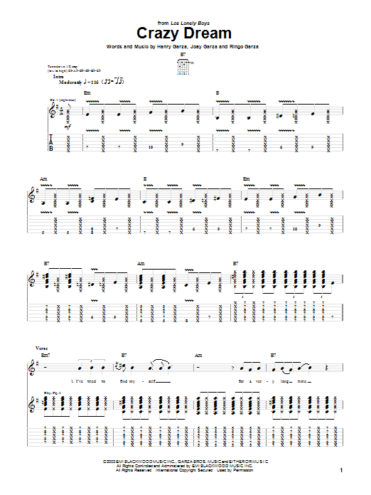 Learn to play Los Lonely Boys Crazy Dream sheet music for Piano, Vocal & Guitar (Right-Hand Melody) in minutes. Los Lonely Boys Crazy Dream sheet music notes and chords