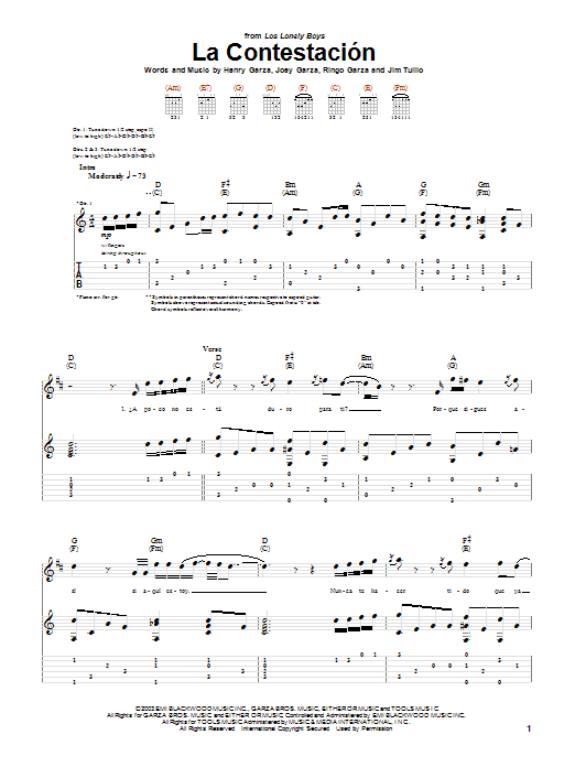 Learn to play Los Lonely Boys La Contestacion sheet music for Guitar Tab in minutes. Los Lonely Boys La Contestacion sheet music notes and chords