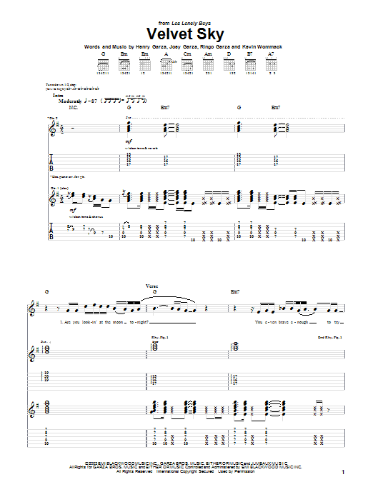 Learn to play Los Lonely Boys Velvet Sky sheet music for Guitar Tab in minutes. Los Lonely Boys Velvet Sky sheet music notes and chords