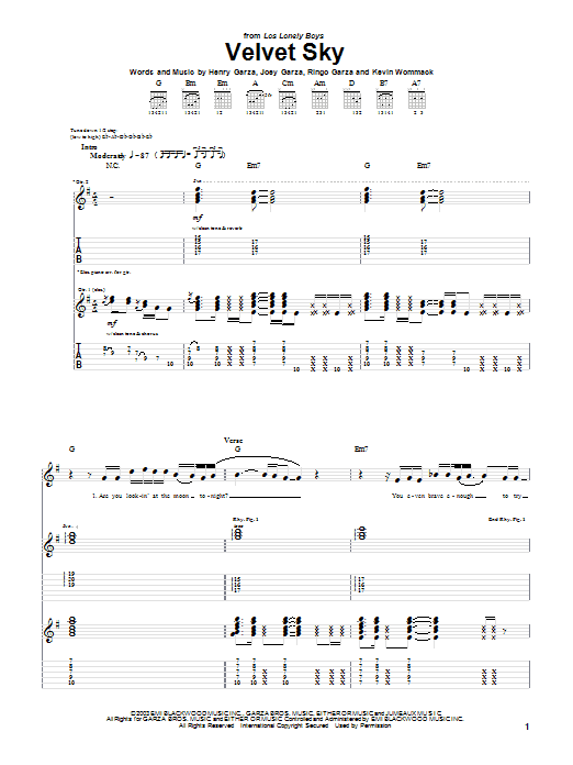 Los Lonely Boys Velvet Sky sheet music preview music notes and score for Piano, Vocal & Guitar (Right-Hand Melody) including 9 page(s)