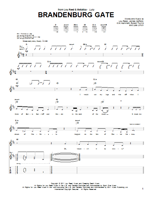 Lou Reed & Metallica Brandenburg Gate sheet music, chords, lyrics - Printable PDF for Guitar Tab