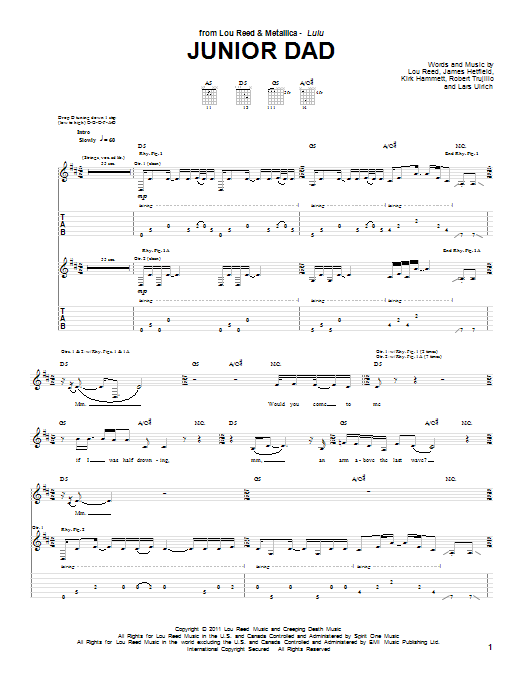 Lou Reed & Metallica Junior Dad sheet music, chords, lyrics - Printable PDF for Guitar Tab