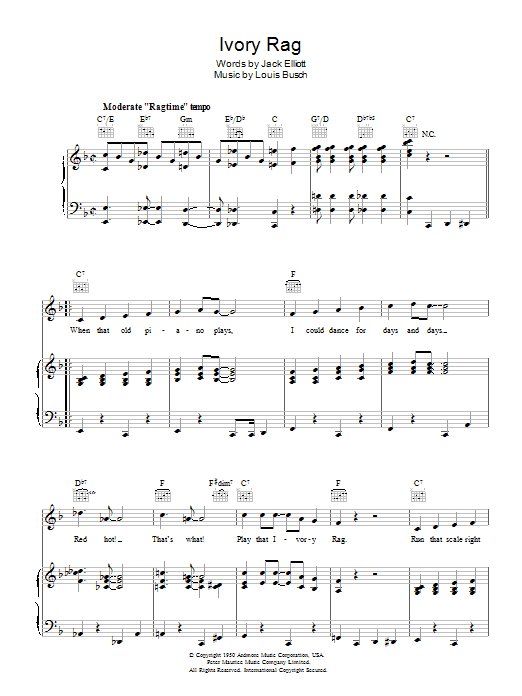 Learn to play Lou Busch Ivory Rag sheet music for Piano, Vocal & Guitar (Right-Hand Melody) in minutes. Lou Busch Ivory Rag sheet music preview music notes and score for Piano, Vocal & Guitar (Right-Hand Melody) including 3 page(s)