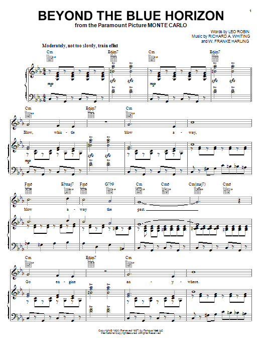 Learn to play Lou Christie Beyond The Blue Horizon (from Monte Carlo) sheet music for Piano, Vocal & Guitar (Right-Hand Melody) in minutes. Lou Christie Beyond The Blue Horizon (from Monte Carlo) sheet music preview music notes and score for Piano, Vocal & Guitar (Right-Hand Melody) including 5 page(s)