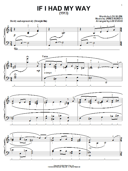 Learn to play Lou Klein If I Had My Way sheet music for Piano in minutes. Lou Klein If I Had My Way sheet music preview music notes and score for Piano including 3 page(s)