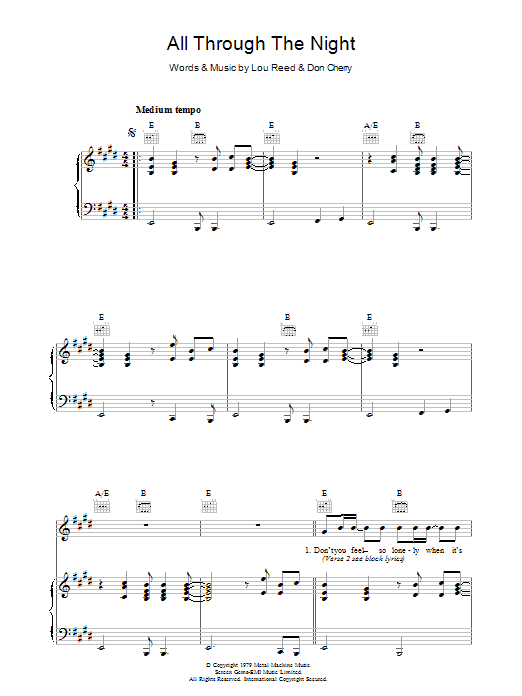 Learn to play Lou Reed All Through The Night sheet music for Piano, Vocal & Guitar in minutes. Lou Reed All Through The Night sheet music preview music notes and score for Piano, Vocal & Guitar including 6 page(s)
