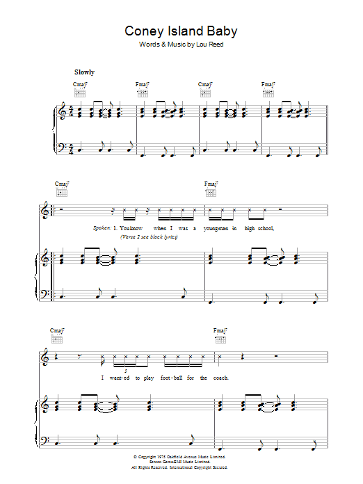 Learn to play Lou Reed Coney Island Baby sheet music for Piano, Vocal & Guitar in minutes. Lou Reed Coney Island Baby sheet music preview music notes and score for Piano, Vocal & Guitar including 10 page(s)