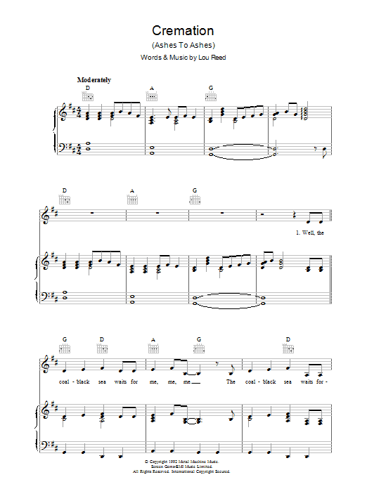 Learn to play Lou Reed Cremation sheet music for Piano, Vocal & Guitar (Right-Hand Melody) in minutes. Lou Reed Cremation sheet music preview music notes and score for Piano, Vocal & Guitar (Right-Hand Melody) including 5 page(s)