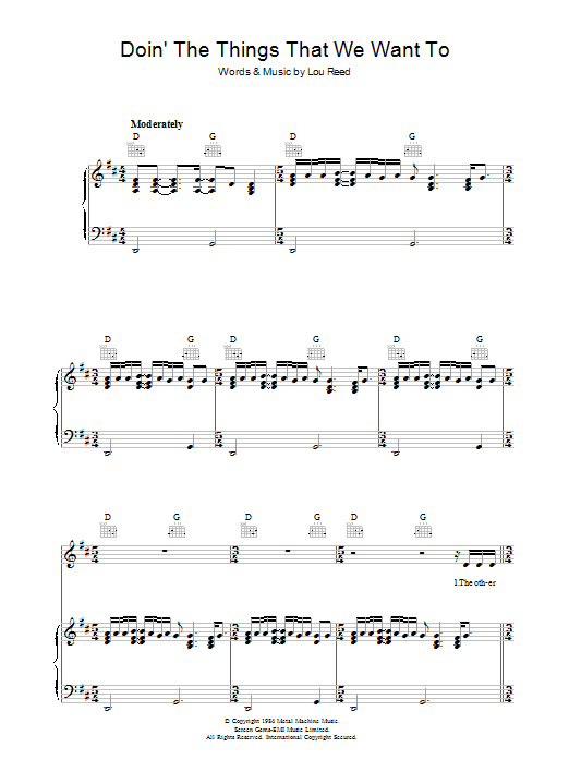 Learn to play Lou Reed Doin' The Things That We Want To sheet music for Piano, Vocal & Guitar in minutes. Lou Reed Doin' The Things That We Want To sheet music preview music notes and score for Piano, Vocal & Guitar including 8 page(s)