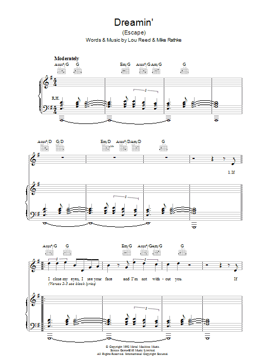 Learn to play Lou Reed Dreamin' sheet music for Piano, Vocal & Guitar in minutes. Lou Reed Dreamin' sheet music preview music notes and score for Piano, Vocal & Guitar including 3 page(s)