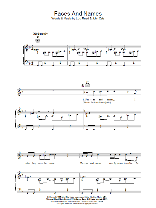 Learn to play Lou Reed Faces And Names sheet music for Piano, Vocal & Guitar in minutes. Lou Reed Faces And Names sheet music preview music notes and score for Piano, Vocal & Guitar including 6 page(s)