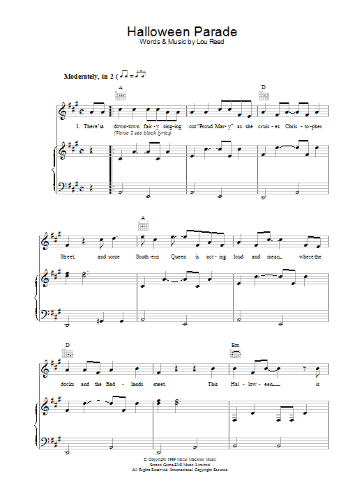 Learn to play Lou Reed Halloween Parade sheet music for Piano, Vocal & Guitar in minutes. Lou Reed Halloween Parade sheet music preview music notes and score for Piano, Vocal & Guitar including 8 page(s)