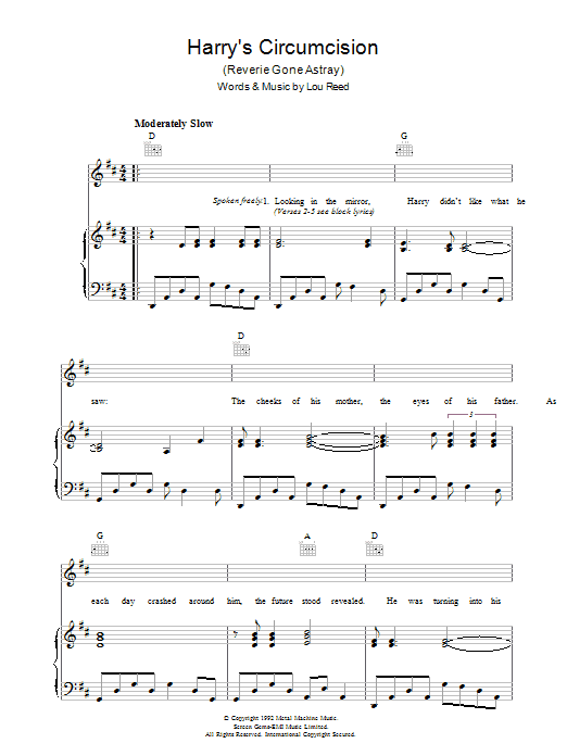 Learn to play Lou Reed Harry's Circumcision sheet music for Piano, Vocal & Guitar in minutes. Lou Reed Harry's Circumcision sheet music preview music notes and score for Piano, Vocal & Guitar including 3 page(s)
