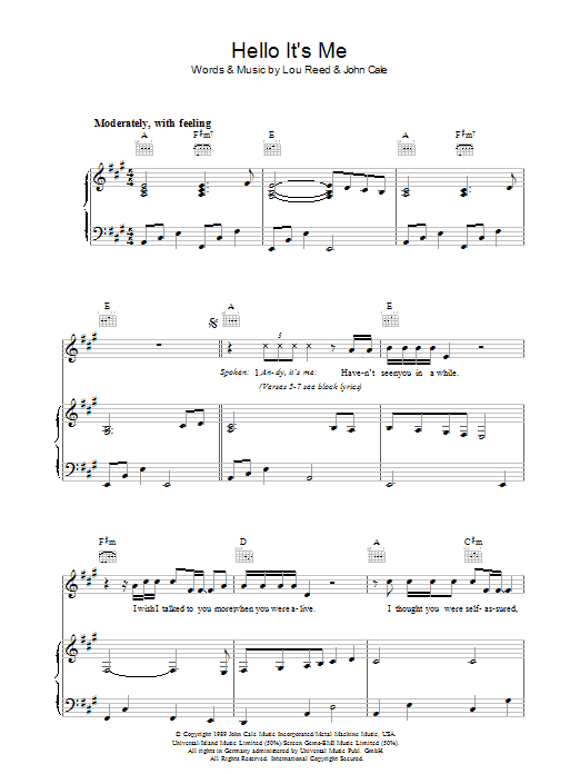 Learn to play Lou Reed Hello It's Me sheet music for Piano, Vocal & Guitar in minutes. Lou Reed Hello It's Me sheet music preview music notes and score for Piano, Vocal & Guitar including 5 page(s)