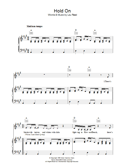 Learn to play Lou Reed Hold On sheet music for Piano, Vocal & Guitar in minutes. Lou Reed Hold On sheet music preview music notes and score for Piano, Vocal & Guitar including 6 page(s)
