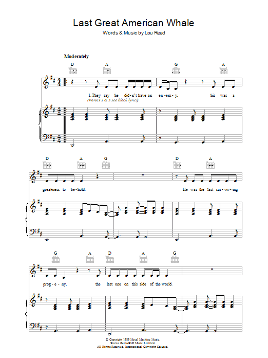 Learn to play Lou Reed Last Great American Whale sheet music for Piano, Vocal & Guitar in minutes. Lou Reed Last Great American Whale sheet music preview music notes and score for Piano, Vocal & Guitar including 4 page(s)
