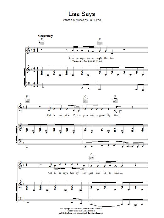 Learn to play Lou Reed Lisa Says sheet music for Piano, Vocal & Guitar (Right-Hand Melody) in minutes. Lou Reed Lisa Says sheet music preview music notes and score for Piano, Vocal & Guitar (Right-Hand Melody) including 10 page(s)