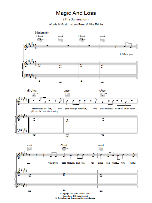 Learn to play Lou Reed Magic And Loss sheet music for Piano, Vocal & Guitar in minutes. Lou Reed Magic And Loss sheet music preview music notes and score for Piano, Vocal & Guitar including 6 page(s)