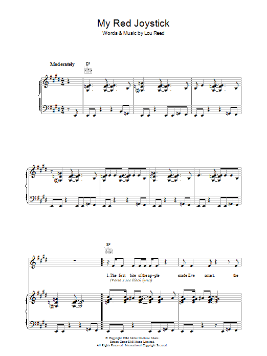 Learn to play Lou Reed My Red Joystick sheet music for Piano, Vocal & Guitar (Right-Hand Melody) in minutes. Lou Reed My Red Joystick sheet music preview music notes and score for Piano, Vocal & Guitar (Right-Hand Melody) including 10 page(s)