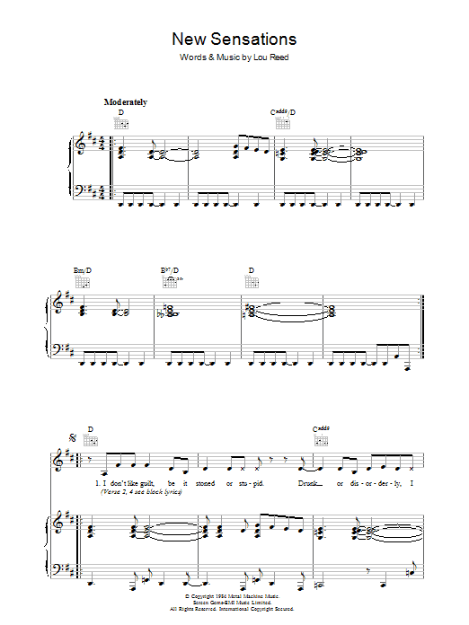 Learn to play Lou Reed New Sensations sheet music for Piano, Vocal & Guitar in minutes. Lou Reed New Sensations sheet music preview music notes and score for Piano, Vocal & Guitar including 9 page(s)