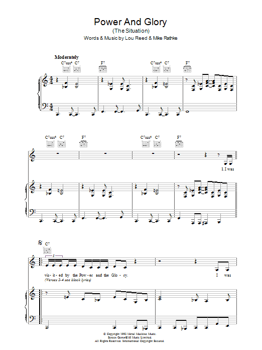 Learn to play Lou Reed Power And Glory sheet music for Piano, Vocal & Guitar in minutes. Lou Reed Power And Glory sheet music preview music notes and score for Piano, Vocal & Guitar including 7 page(s)