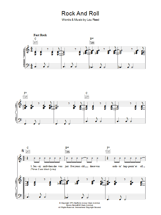 Learn to play Lou Reed Rock And Roll sheet music for Piano, Vocal & Guitar in minutes. Lou Reed Rock And Roll sheet music preview music notes and score for Piano, Vocal & Guitar including 6 page(s)