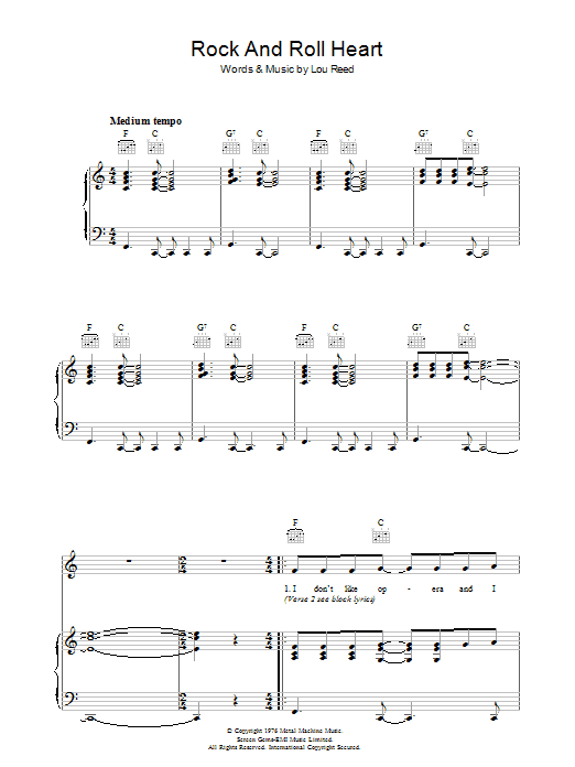 Learn to play Lou Reed Rock And Roll Heart sheet music for Piano, Vocal & Guitar (Right-Hand Melody) in minutes. Lou Reed Rock And Roll Heart sheet music preview music notes and score for Piano, Vocal & Guitar (Right-Hand Melody) including 6 page(s)